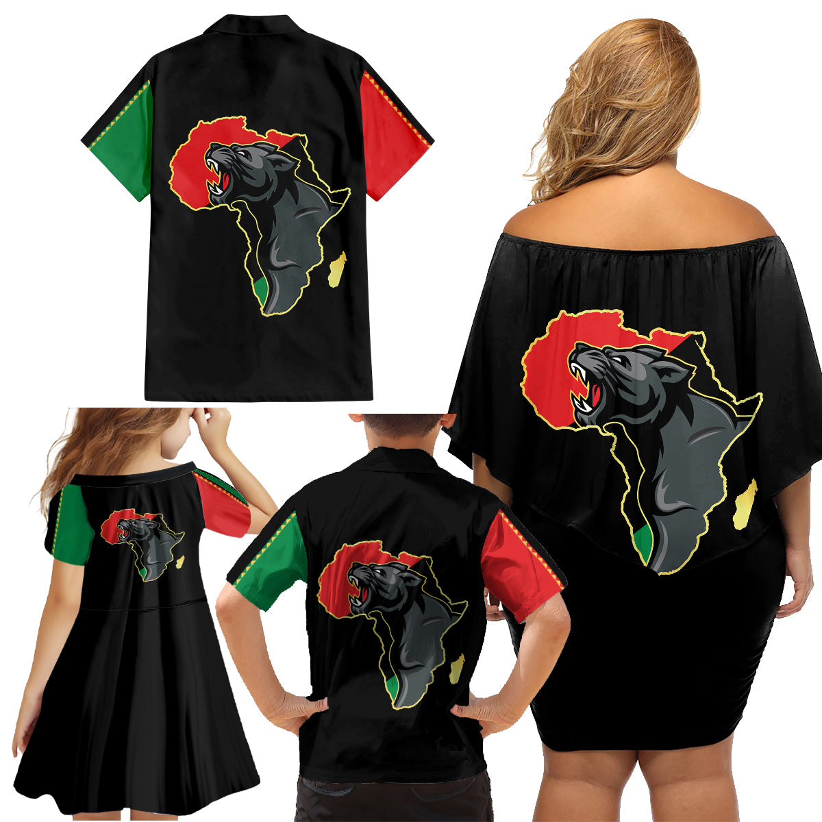 Powerful Panther Africa Family Matching Off Shoulder Short Dress and Hawaiian Shirt Map Africa - Wonder Print Shop
