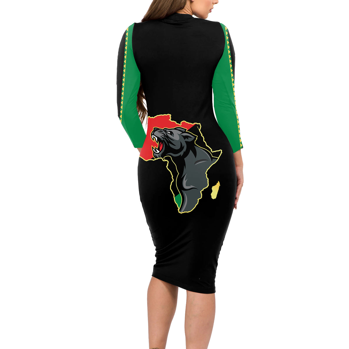Powerful Panther Africa Long Sleeve Bodycon Dress Map Africa - Wonder Print Shop