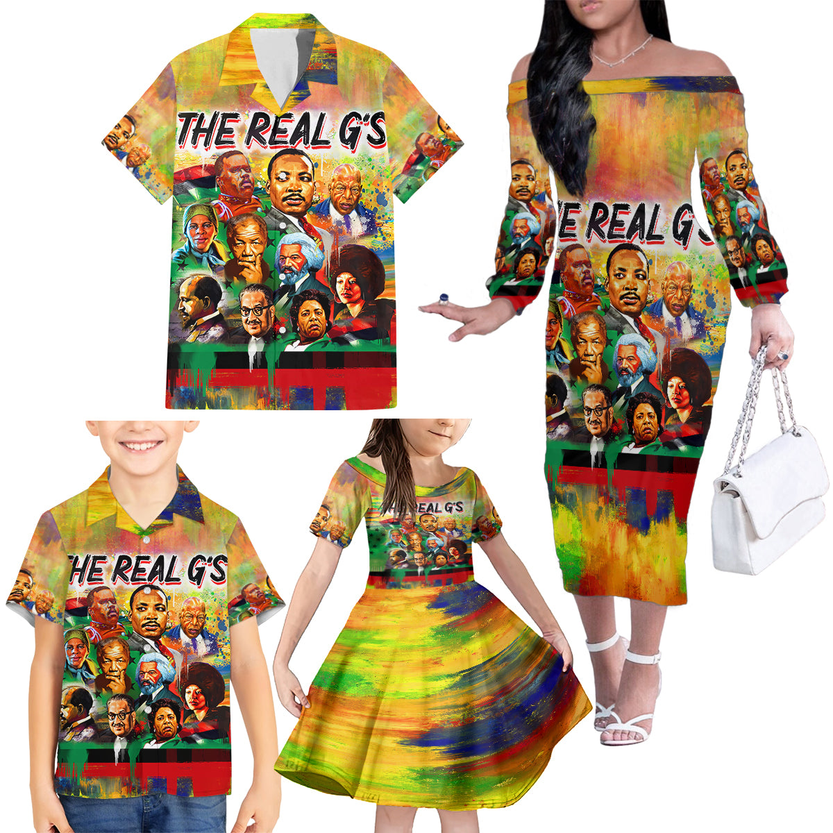 The Real G's Family Matching Off Shoulder Long Sleeve Dress and Hawaiian Shirt Civil Rights Leaders - Wonder Print Shop