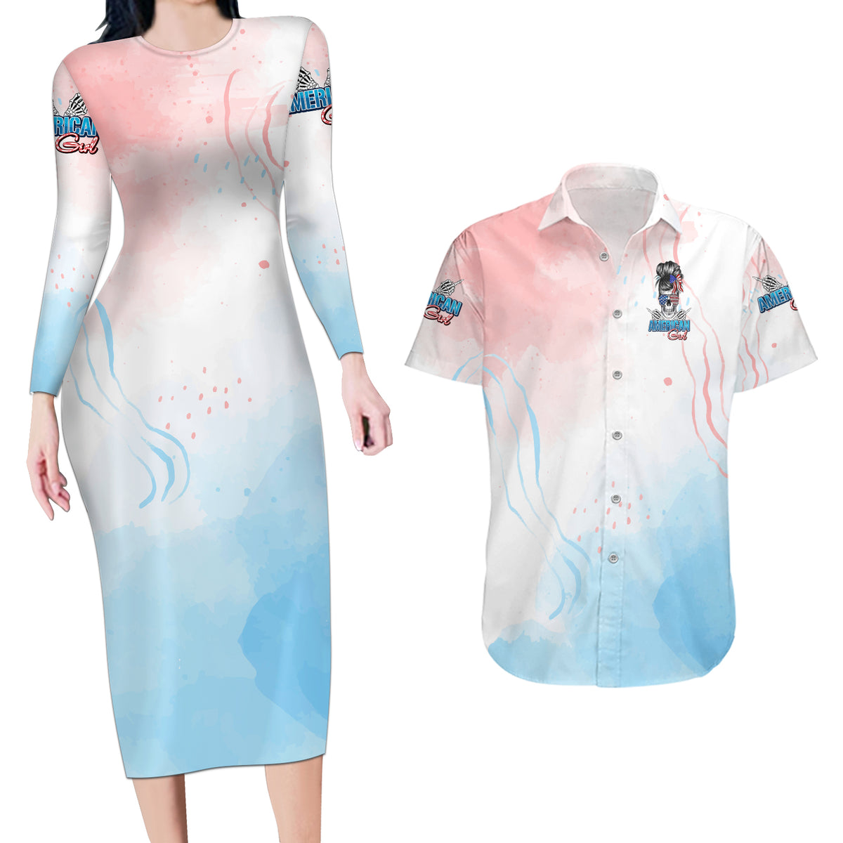 Skull Girl Couples Matching Long Sleeve Bodycon Dress and Hawaiian Shirt Never Fck Given - Wonder Print Shop