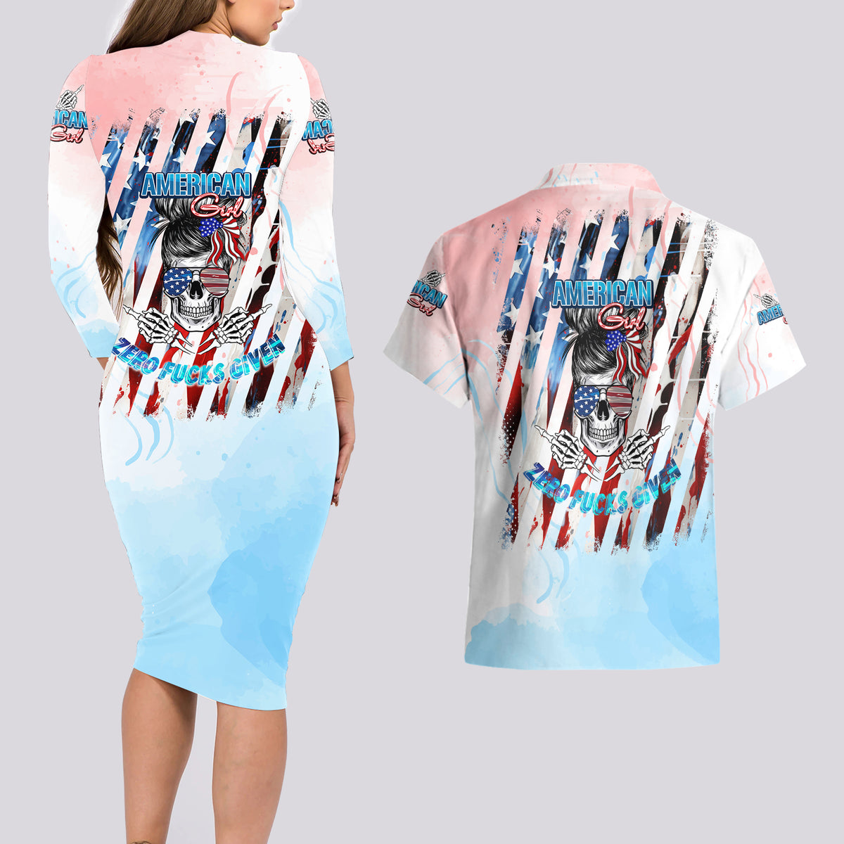 Skull Girl Couples Matching Long Sleeve Bodycon Dress and Hawaiian Shirt Never Fck Given - Wonder Print Shop