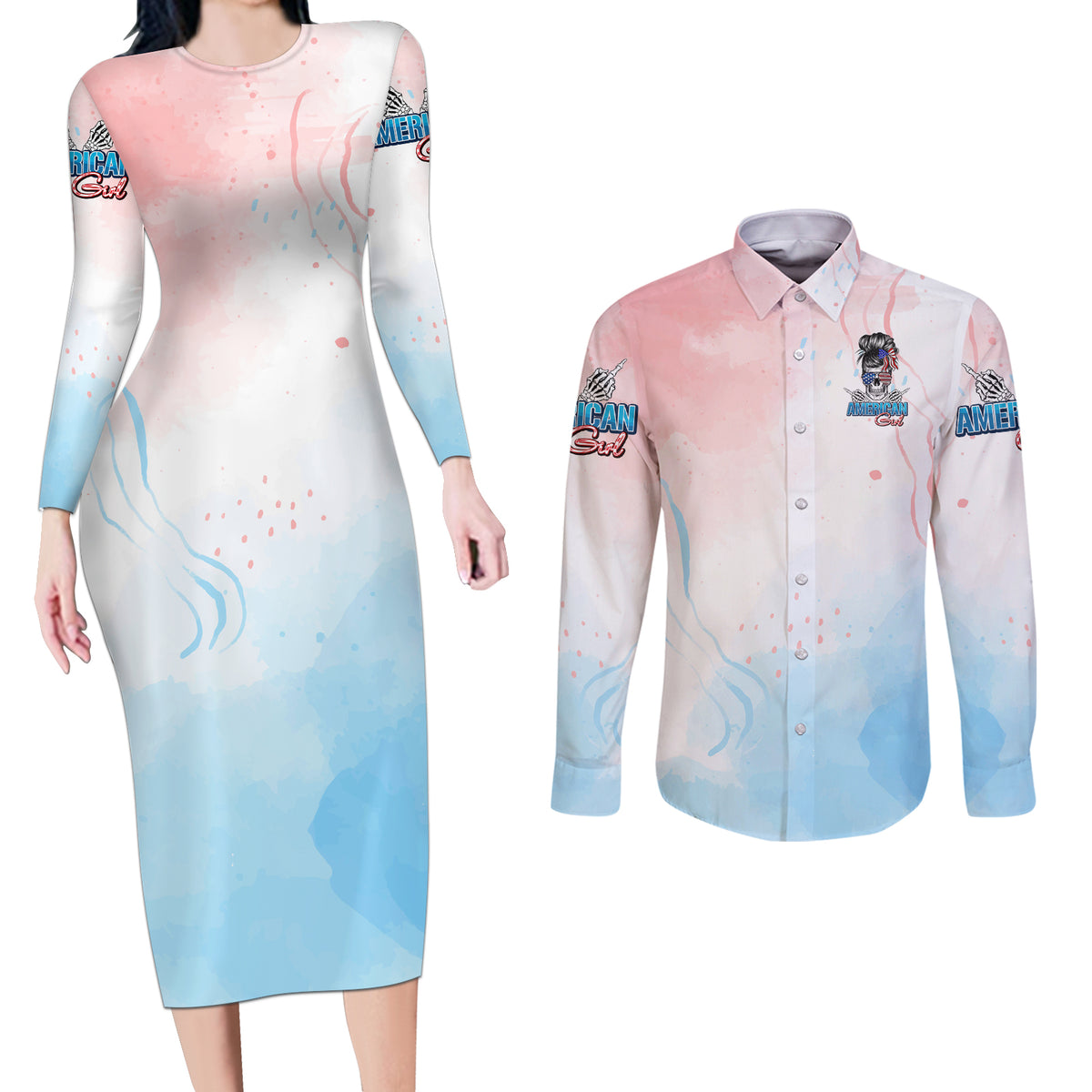 Skull Girl Couples Matching Long Sleeve Bodycon Dress and Long Sleeve Button Shirt Never Fck Given - Wonder Print Shop