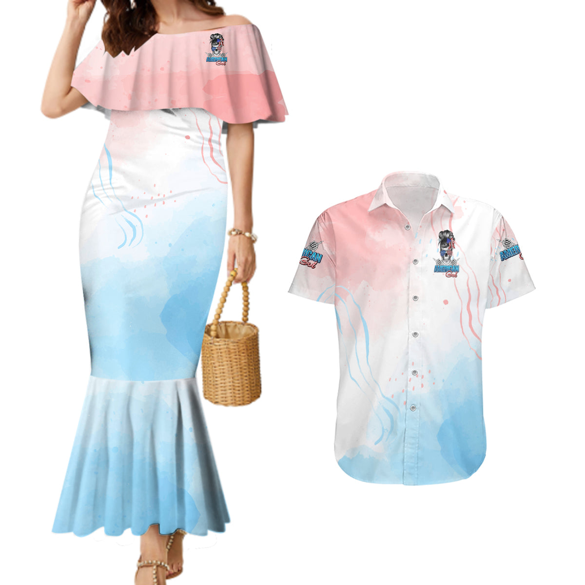 Skull Girl Couples Matching Mermaid Dress and Hawaiian Shirt Never Fck Given - Wonder Print Shop