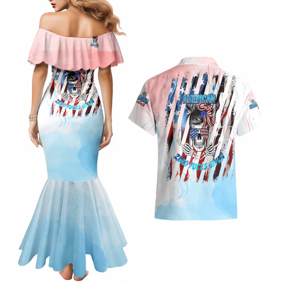 Skull Girl Couples Matching Mermaid Dress and Hawaiian Shirt Never Fck Given - Wonder Print Shop