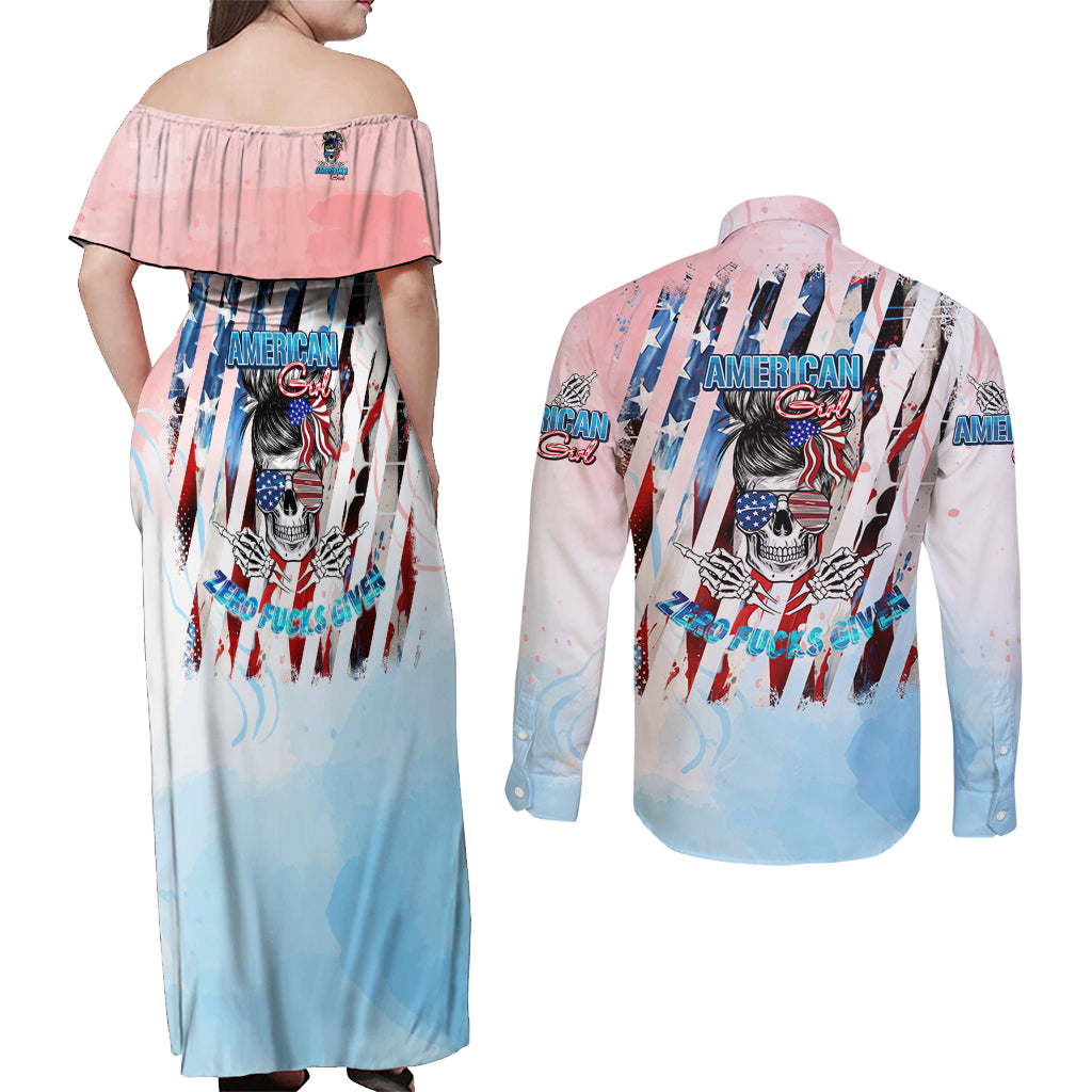 Skull Girl Couples Matching Off Shoulder Maxi Dress and Long Sleeve Button Shirt Never Fck Given - Wonder Print Shop