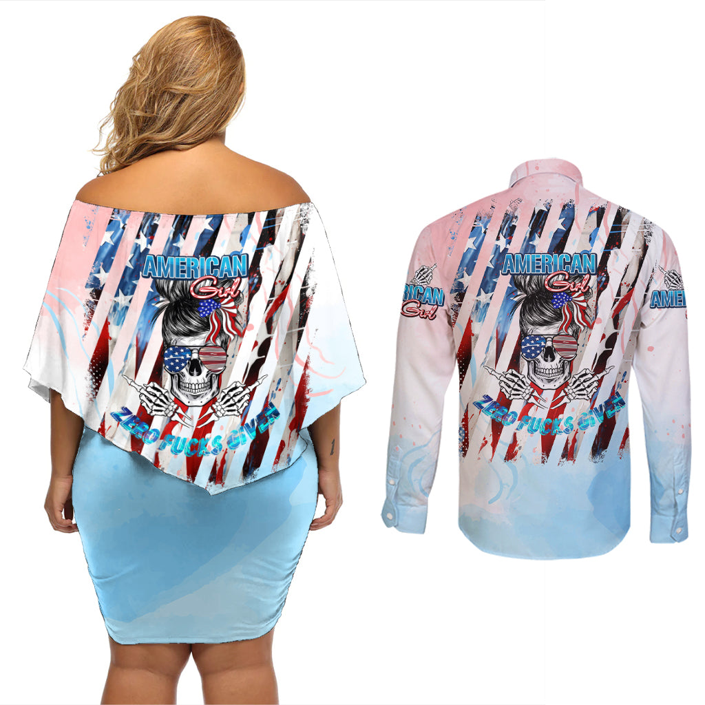 Skull Girl Couples Matching Off Shoulder Short Dress and Long Sleeve Button Shirt Never Fck Given - Wonder Print Shop