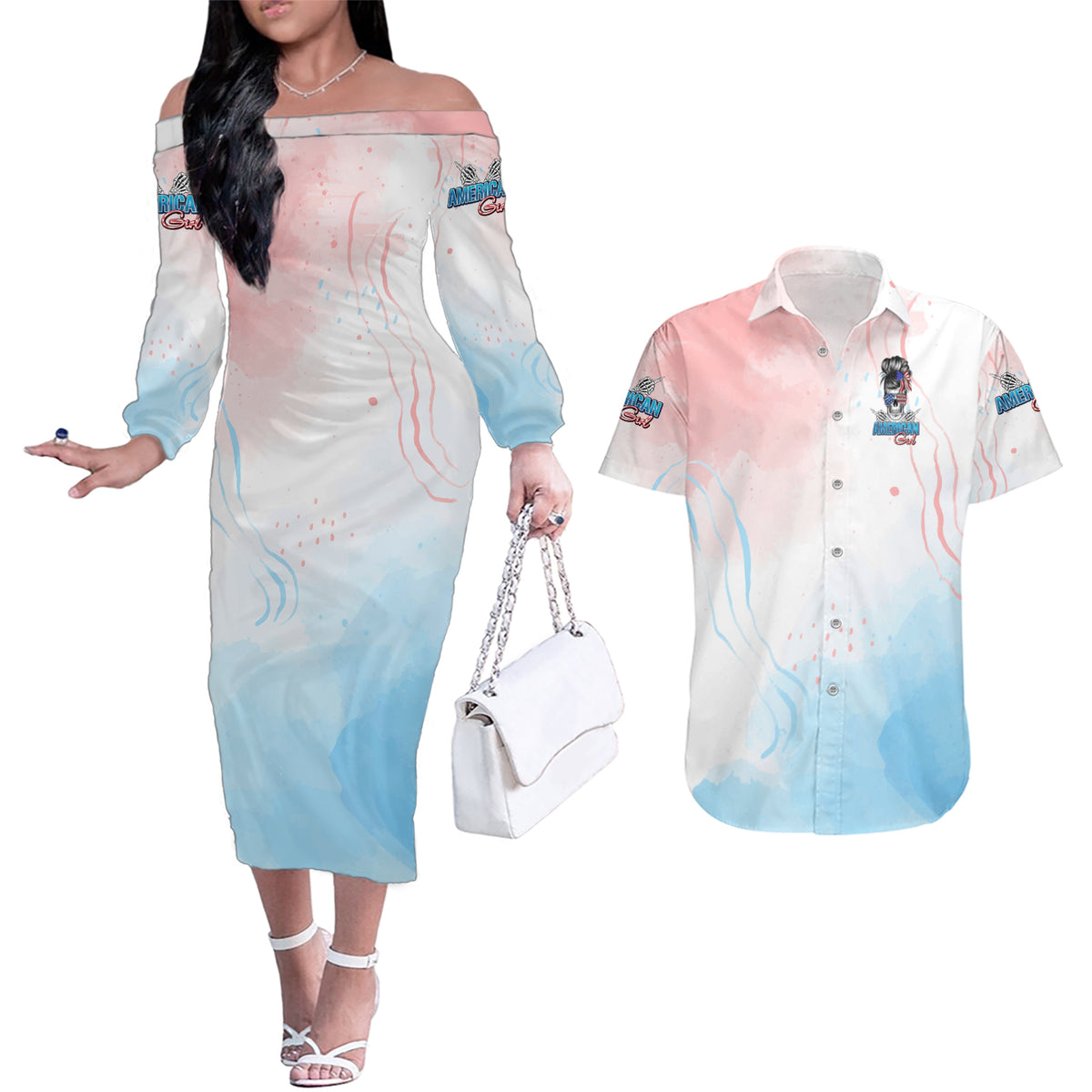 Skull Girl Couples Matching Off The Shoulder Long Sleeve Dress and Hawaiian Shirt Never Fck Given - Wonder Print Shop