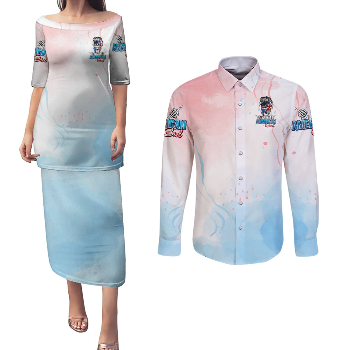 Skull Girl Couples Matching Puletasi Dress and Long Sleeve Button Shirt Never Fck Given - Wonder Print Shop