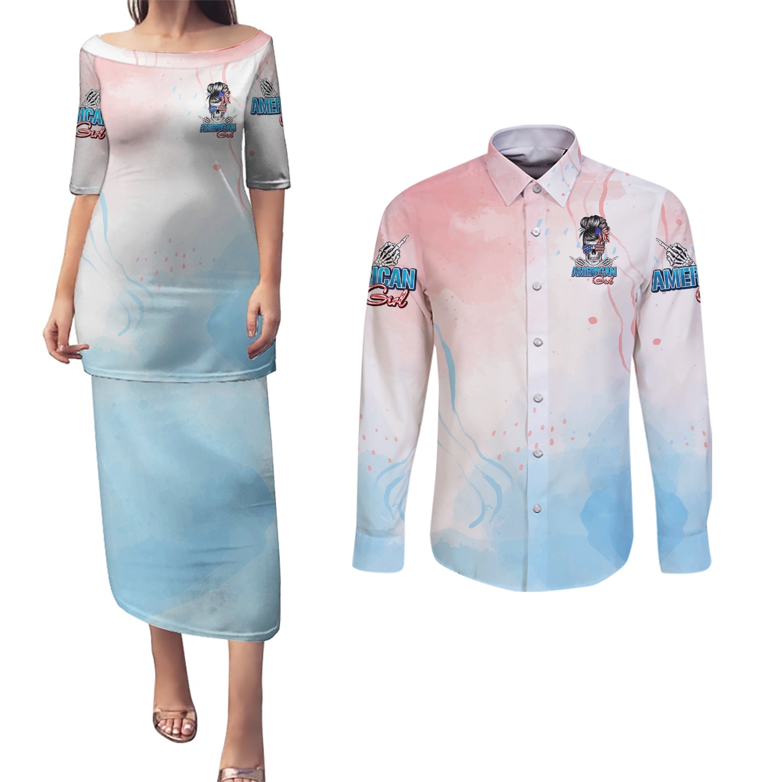 Skull Girl Couples Matching Puletasi Dress and Long Sleeve Button Shirt Never Fck Given - Wonder Print Shop