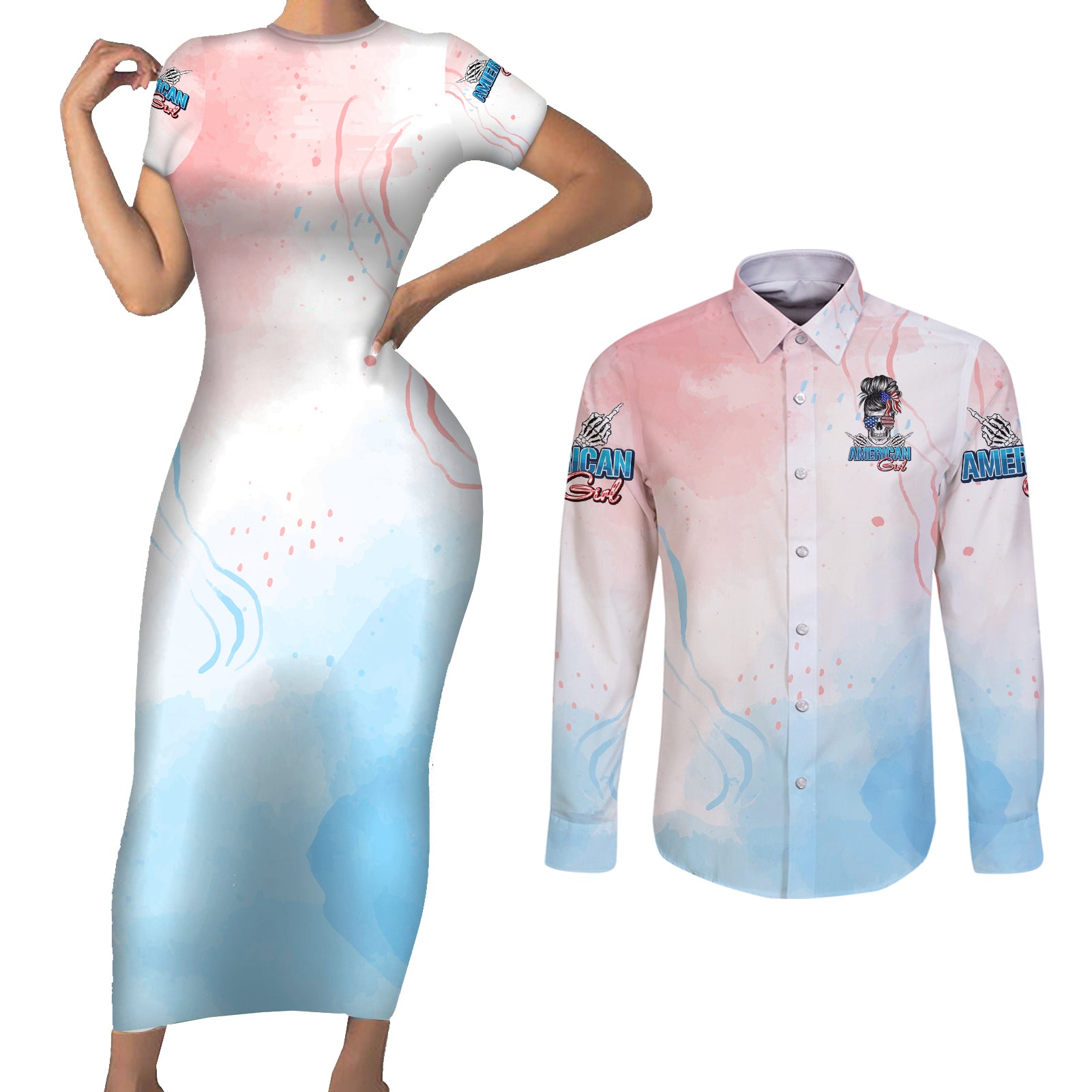 Skull Girl Couples Matching Short Sleeve Bodycon Dress and Long Sleeve Button Shirt Never Fck Given - Wonder Print Shop