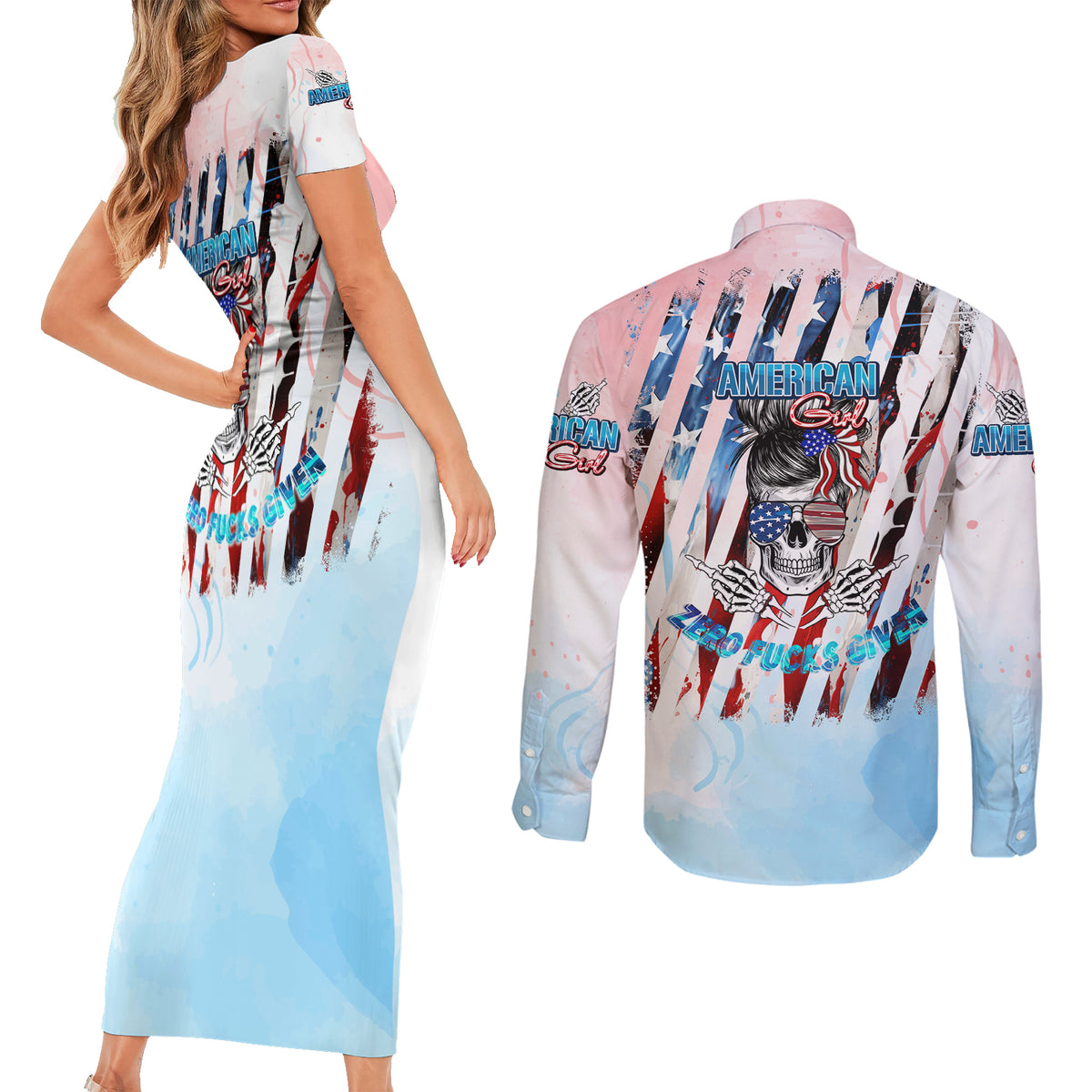 Skull Girl Couples Matching Short Sleeve Bodycon Dress and Long Sleeve Button Shirt Never Fck Given - Wonder Print Shop