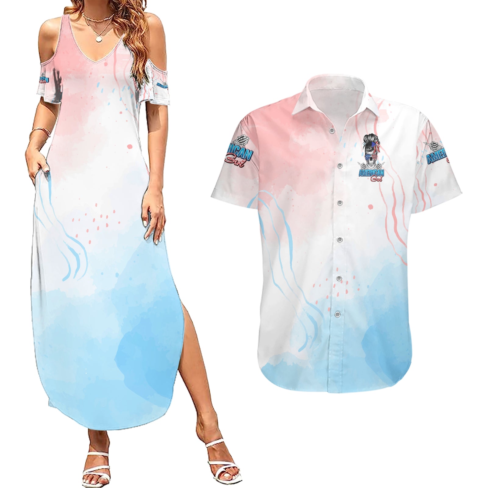 Skull Girl Couples Matching Summer Maxi Dress and Hawaiian Shirt Never Fck Given - Wonder Print Shop