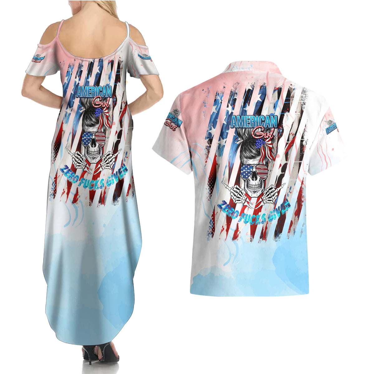 Skull Girl Couples Matching Summer Maxi Dress and Hawaiian Shirt Never Fck Given - Wonder Print Shop