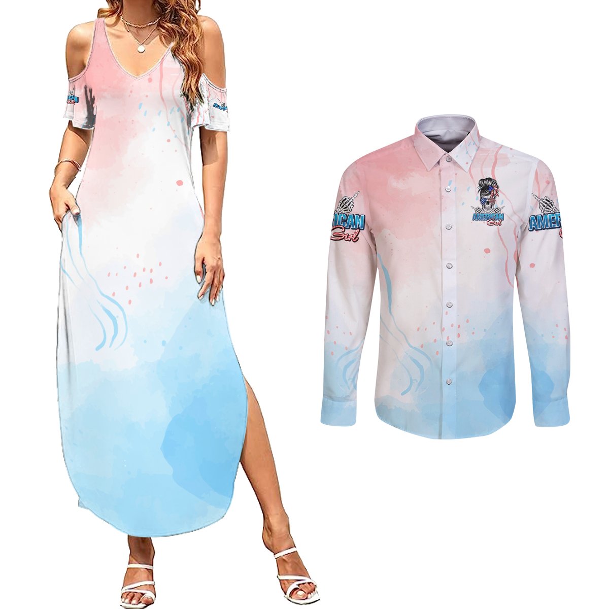 Skull Girl Couples Matching Summer Maxi Dress and Long Sleeve Button Shirt Never Fck Given - Wonder Print Shop