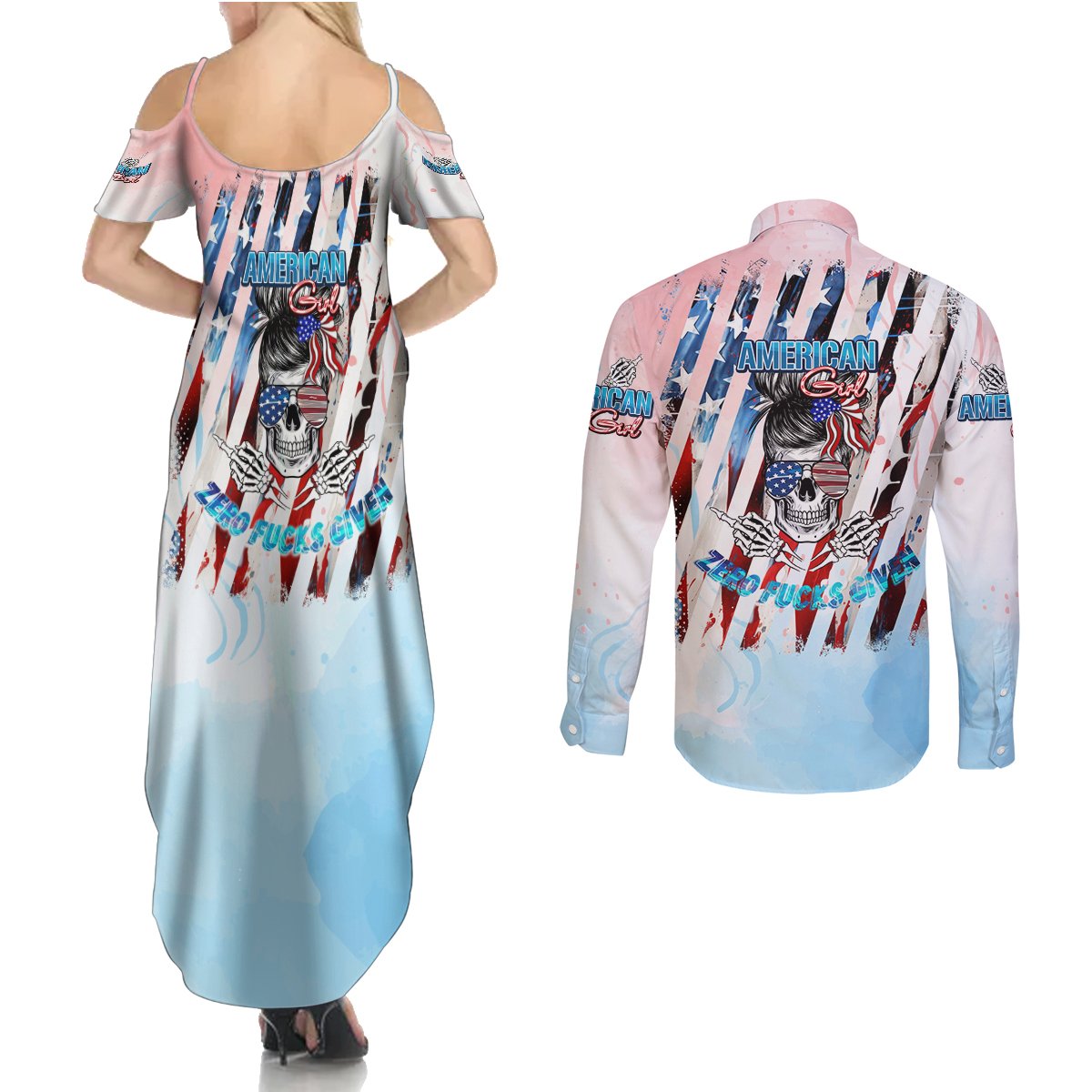 Skull Girl Couples Matching Summer Maxi Dress and Long Sleeve Button Shirt Never Fck Given - Wonder Print Shop
