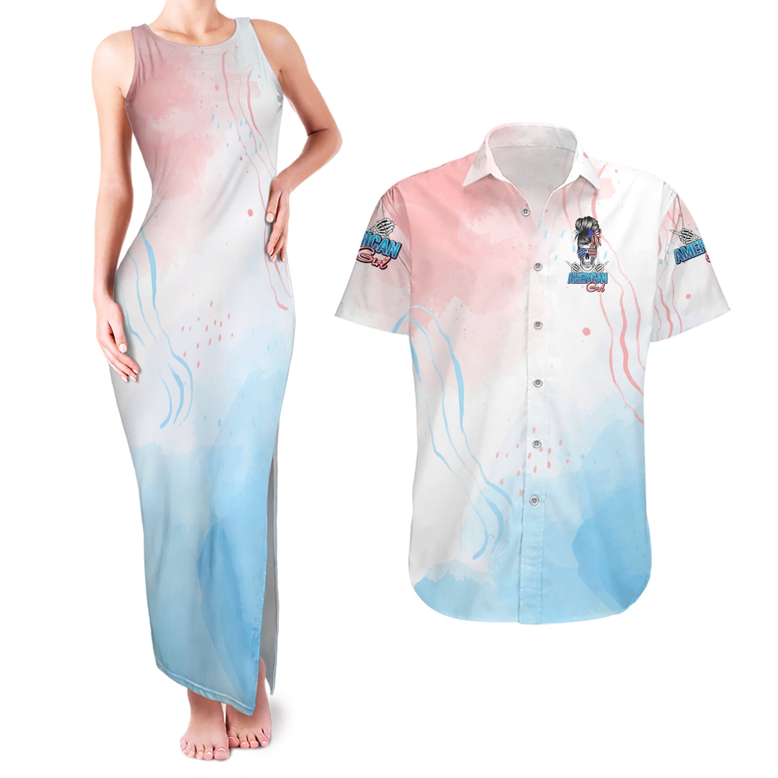 Skull Girl Couples Matching Tank Maxi Dress and Hawaiian Shirt Never Fck Given - Wonder Print Shop