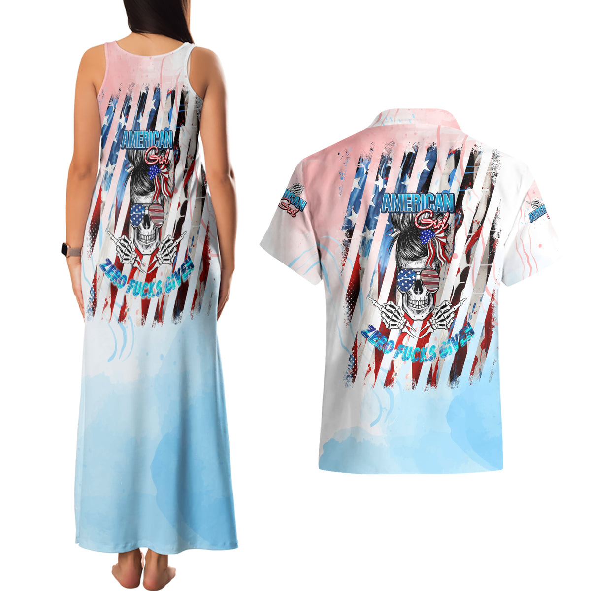 Skull Girl Couples Matching Tank Maxi Dress and Hawaiian Shirt Never Fck Given - Wonder Print Shop