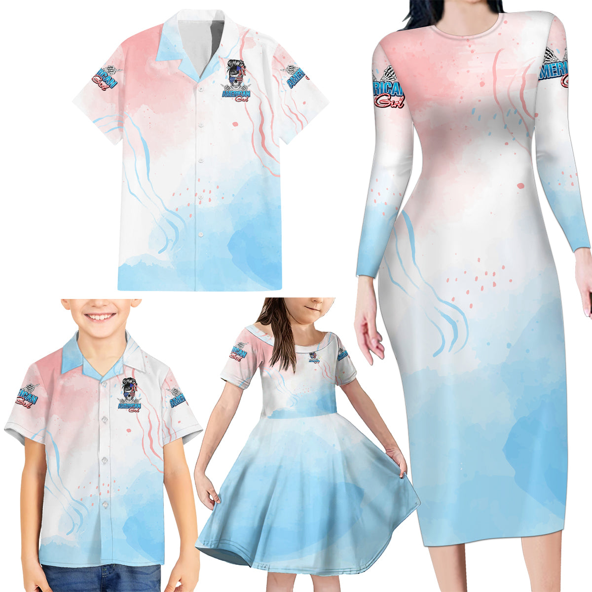 Skull Girl Family Matching Long Sleeve Bodycon Dress and Hawaiian Shirt Never Fck Given - Wonder Print Shop