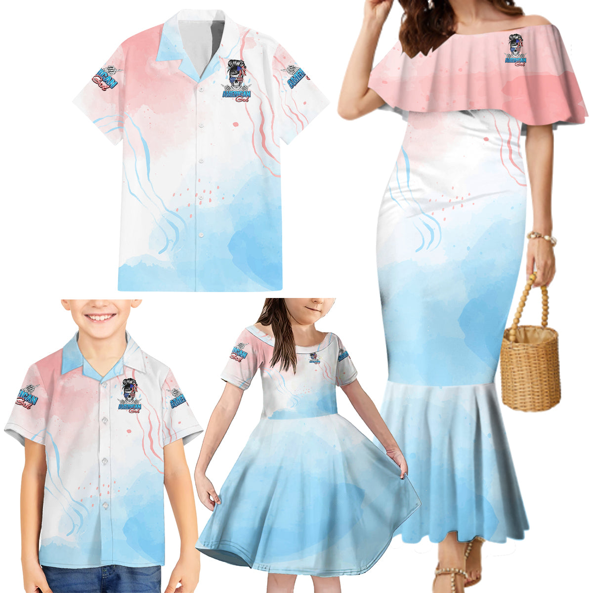 Skull Girl Family Matching Mermaid Dress and Hawaiian Shirt Never Fck Given - Wonder Print Shop