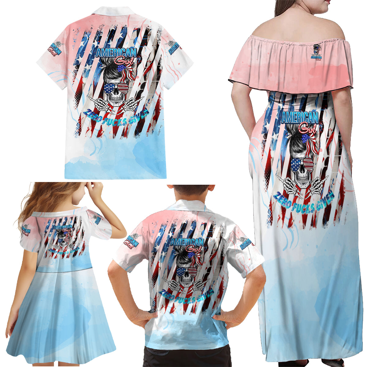 Skull Girl Family Matching Off Shoulder Maxi Dress and Hawaiian Shirt Never Fck Given - Wonder Print Shop
