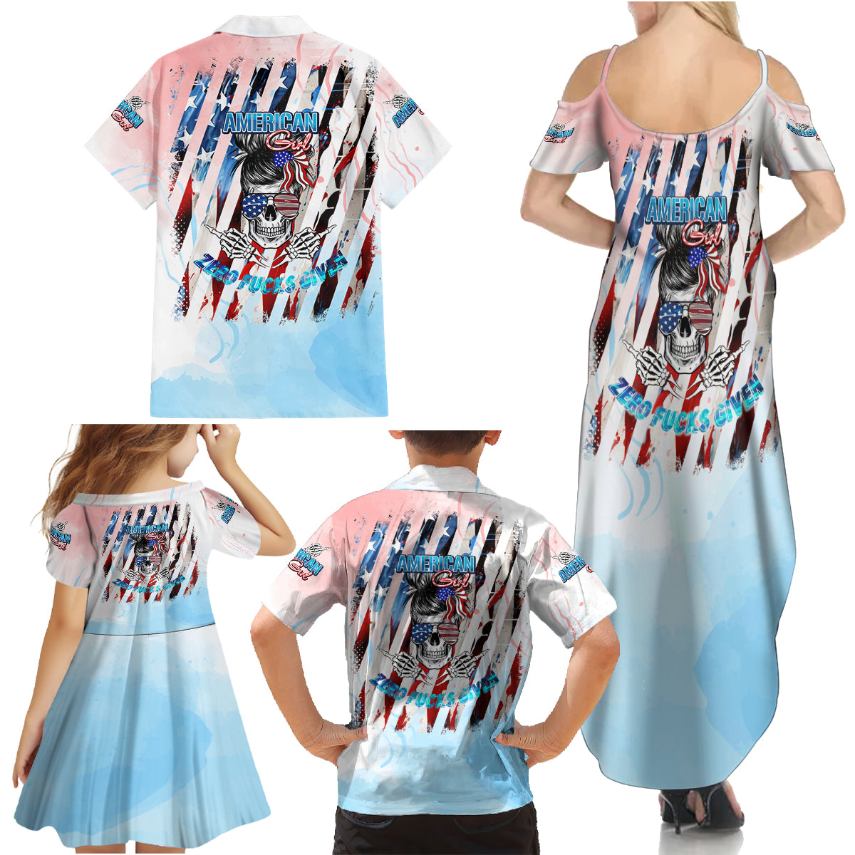Skull Girl Family Matching Summer Maxi Dress and Hawaiian Shirt Never Fck Given - Wonder Print Shop