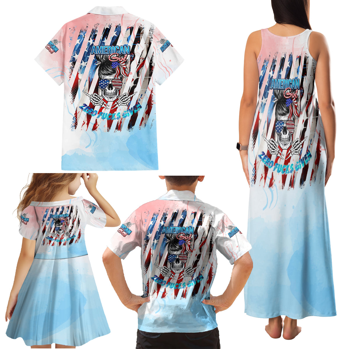 Skull Girl Family Matching Tank Maxi Dress and Hawaiian Shirt Never Fck Given - Wonder Print Shop