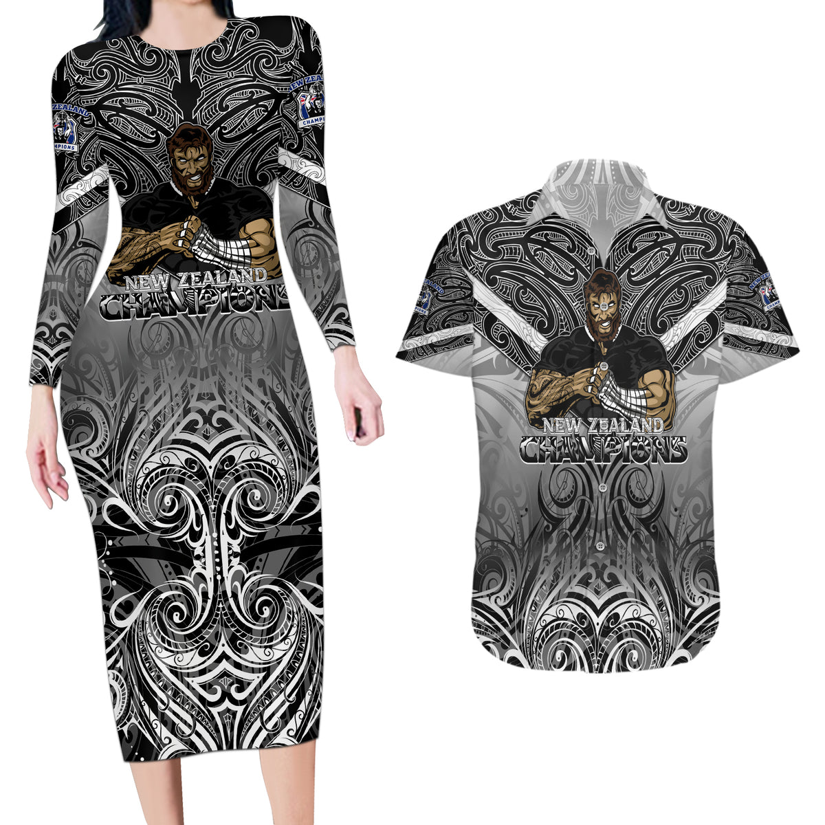 New Zealand Couples Matching Long Sleeve Bodycon Dress and Hawaiian Shirt Rugby Aotearoa Champions - Wonder Print Shop