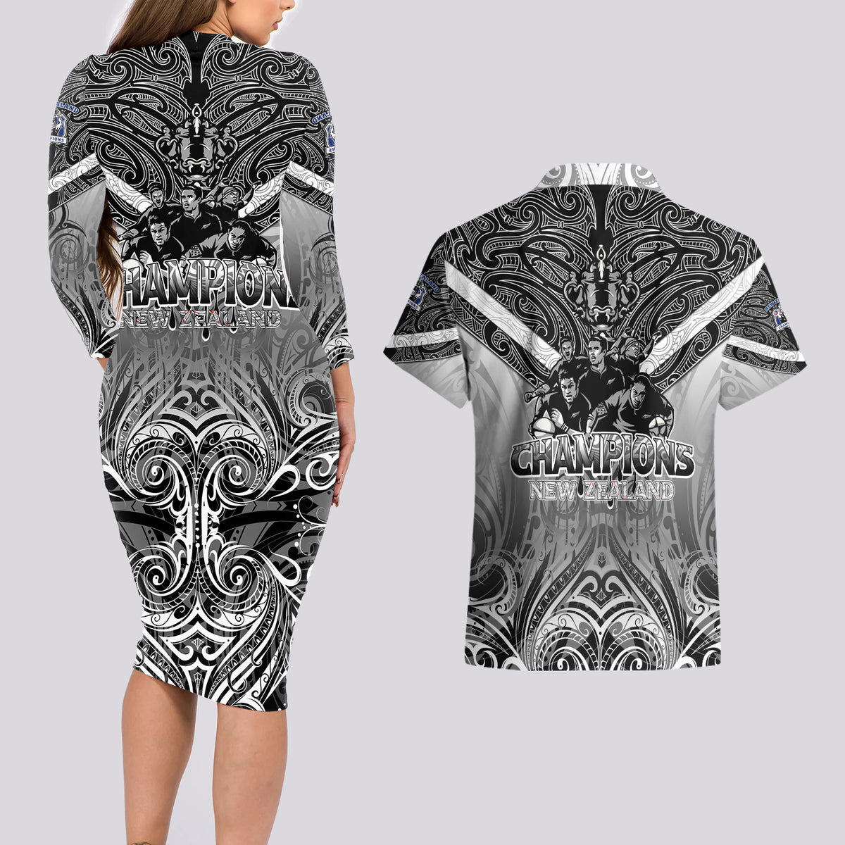 New Zealand Couples Matching Long Sleeve Bodycon Dress and Hawaiian Shirt Rugby Aotearoa Champions - Wonder Print Shop