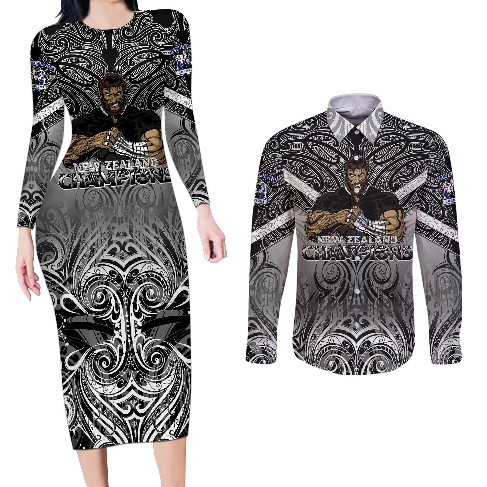 New Zealand Couples Matching Long Sleeve Bodycon Dress and Long Sleeve Button Shirt Rugby Aotearoa Champions - Wonder Print Shop