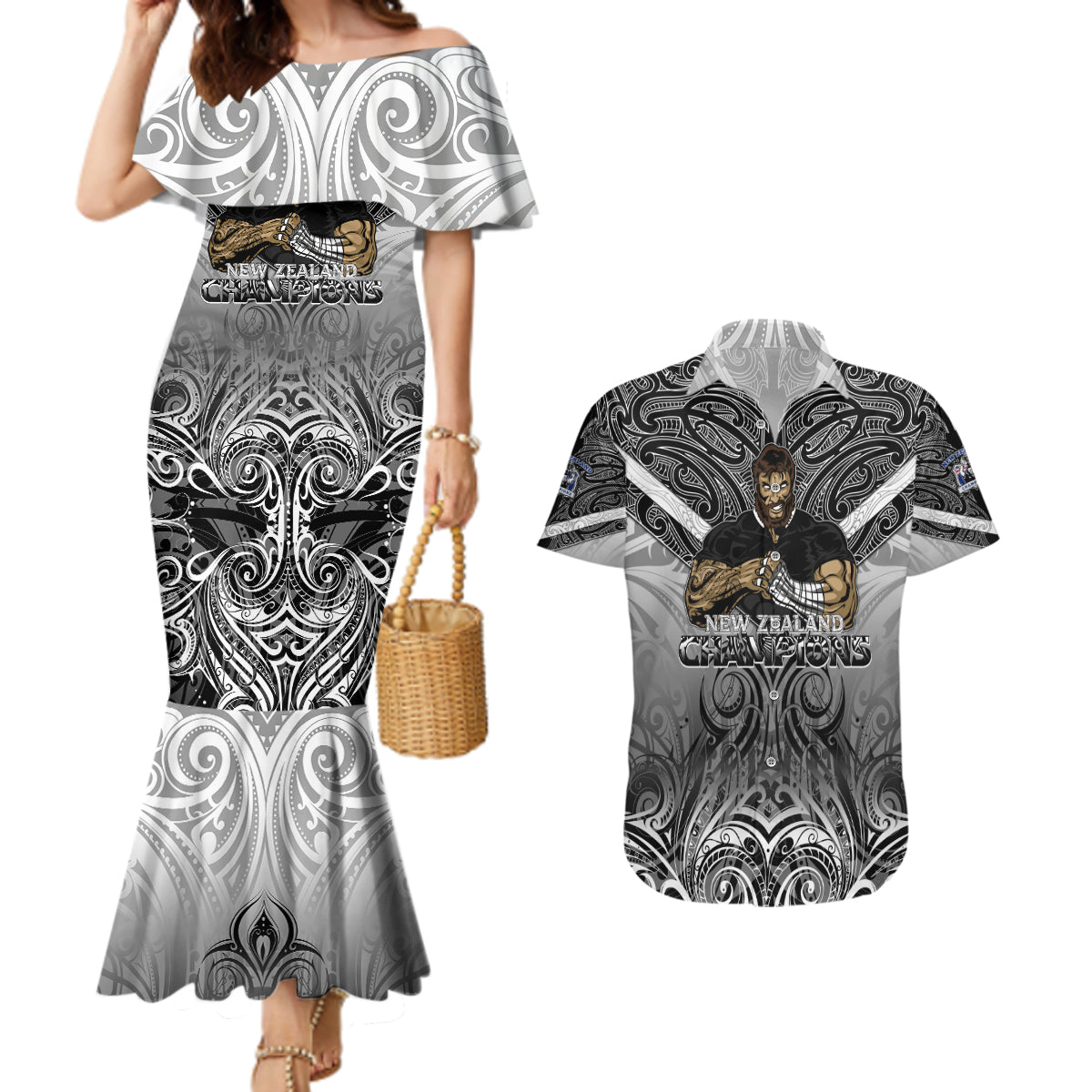 New Zealand Couples Matching Mermaid Dress and Hawaiian Shirt Rugby Aotearoa Champions - Wonder Print Shop