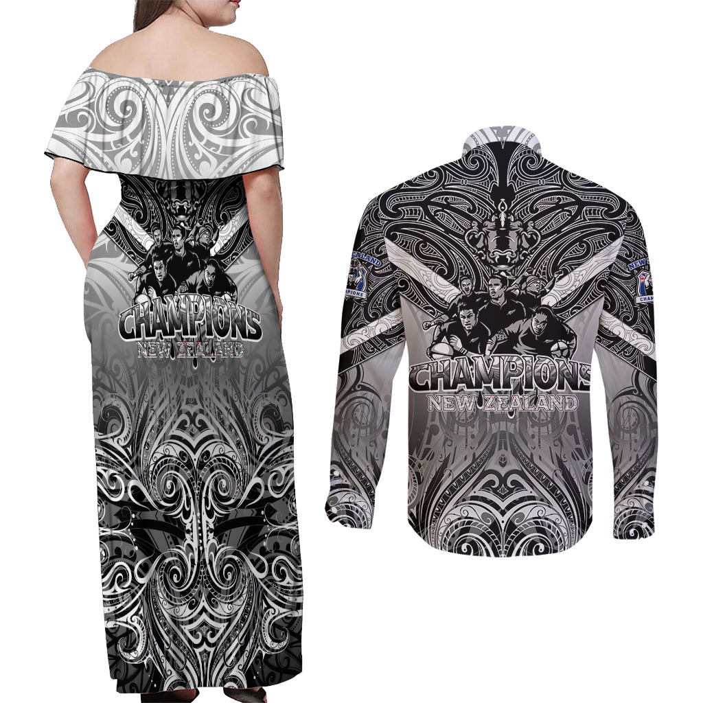 New Zealand Couples Matching Off Shoulder Maxi Dress and Long Sleeve Button Shirt Rugby Aotearoa Champions - Wonder Print Shop