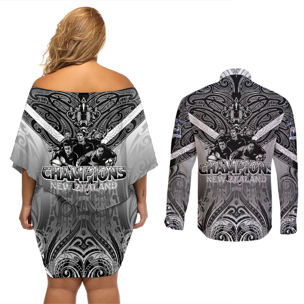 New Zealand Couples Matching Off Shoulder Short Dress and Long Sleeve Button Shirt Rugby Aotearoa Champions - Wonder Print Shop