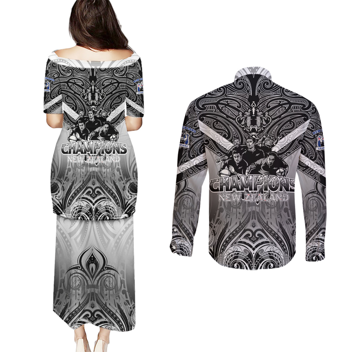 New Zealand Couples Matching Puletasi Dress and Long Sleeve Button Shirt Rugby Aotearoa Champions - Wonder Print Shop