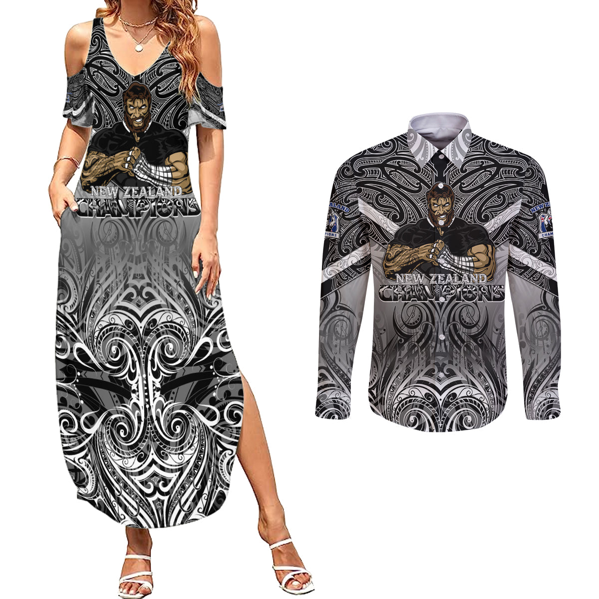 New Zealand Couples Matching Summer Maxi Dress and Long Sleeve Button Shirt Rugby Aotearoa Champions - Wonder Print Shop