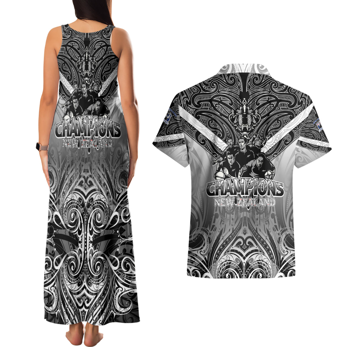 New Zealand Couples Matching Tank Maxi Dress and Hawaiian Shirt Rugby Aotearoa Champions - Wonder Print Shop