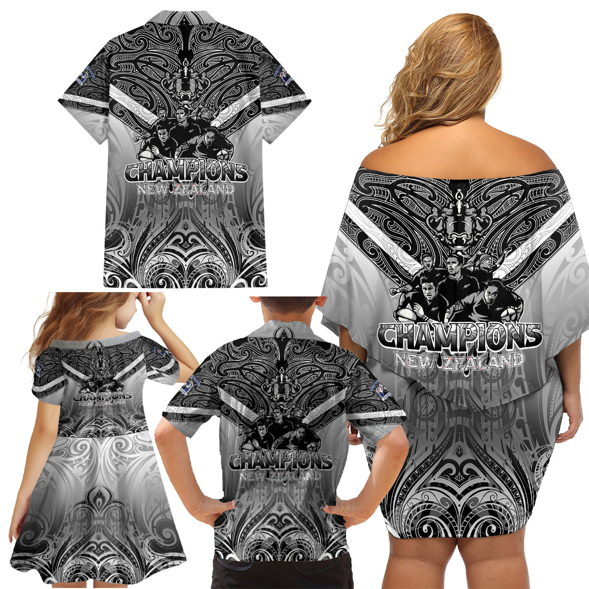 New Zealand Family Matching Off Shoulder Short Dress and Hawaiian Shirt Rugby Aotearoa Champions - Wonder Print Shop