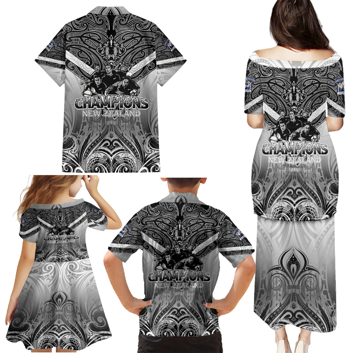 New Zealand Family Matching Puletasi Dress and Hawaiian Shirt Rugby Aotearoa Champions - Wonder Print Shop