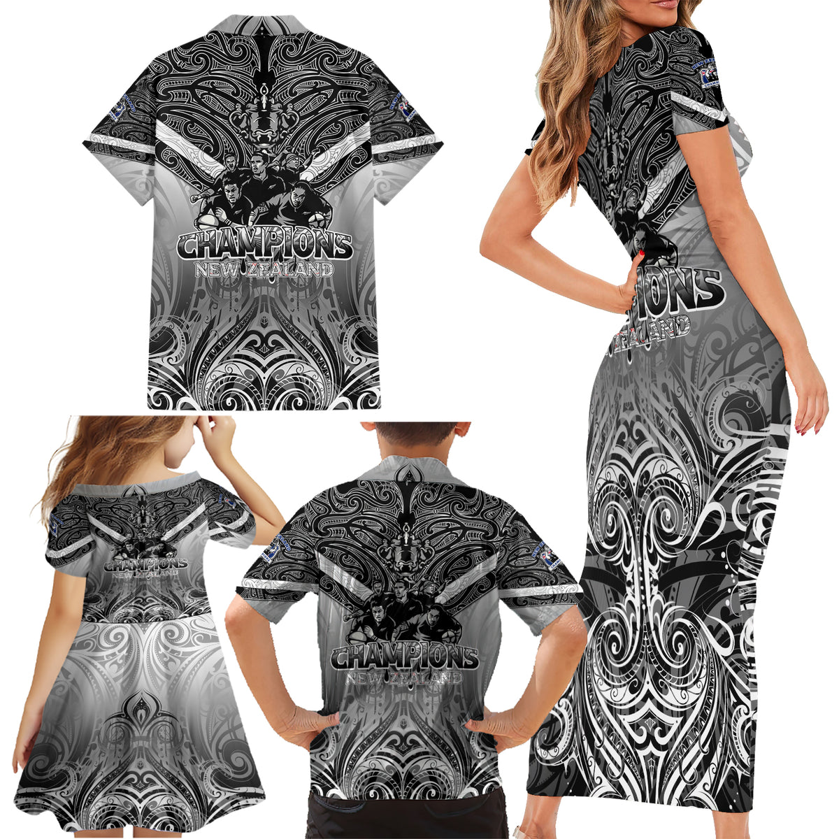 New Zealand Family Matching Short Sleeve Bodycon Dress and Hawaiian Shirt Rugby Aotearoa Champions - Wonder Print Shop