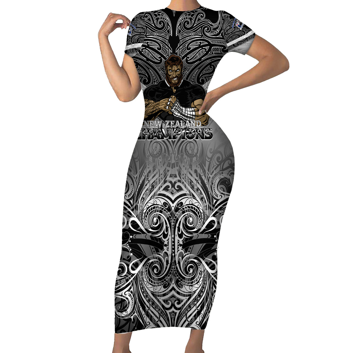 New Zealand Short Sleeve Bodycon Dress Rugby Aotearoa Champions - Wonder Print Shop