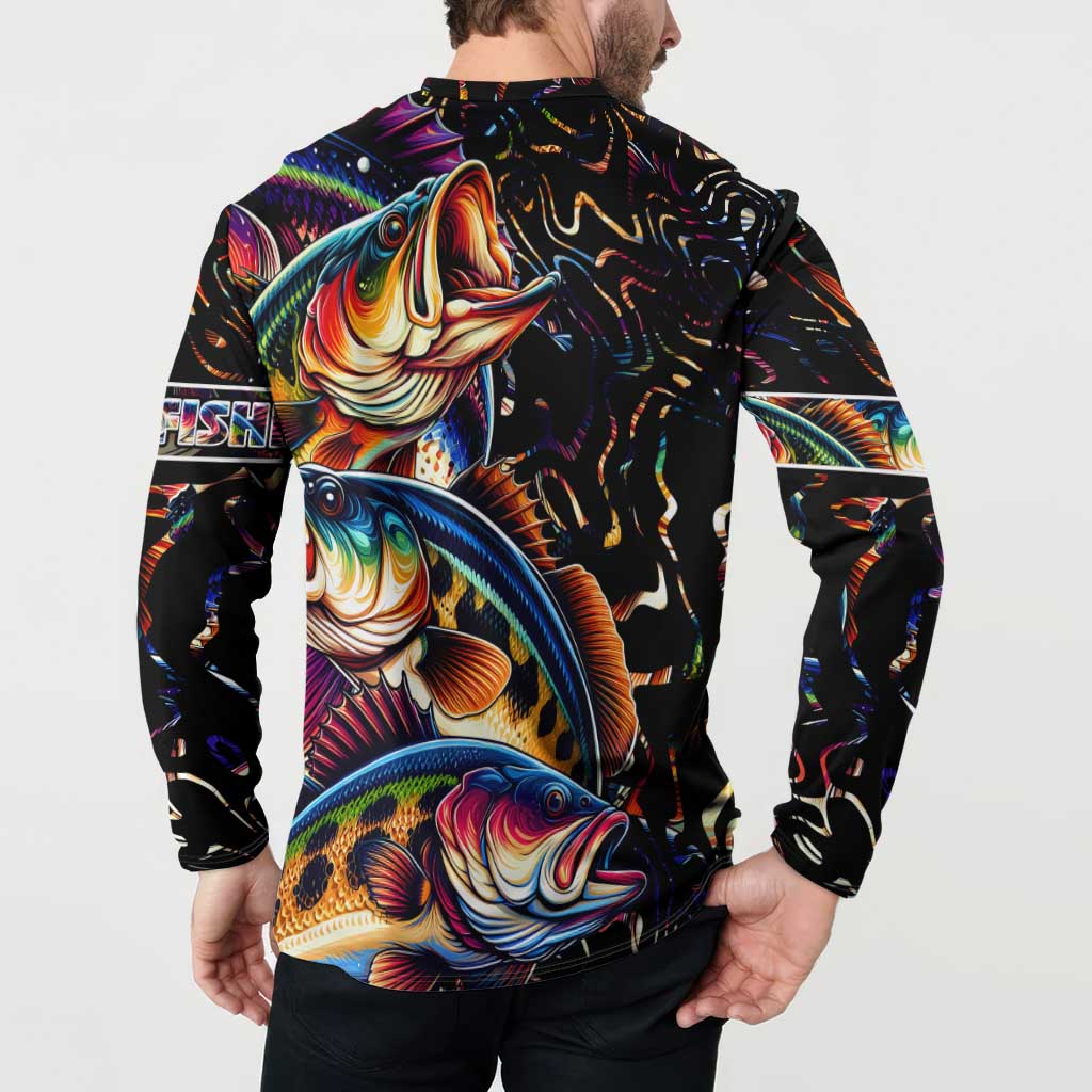 Peacock Bass Fishing Button Sweatshirt Waves Art