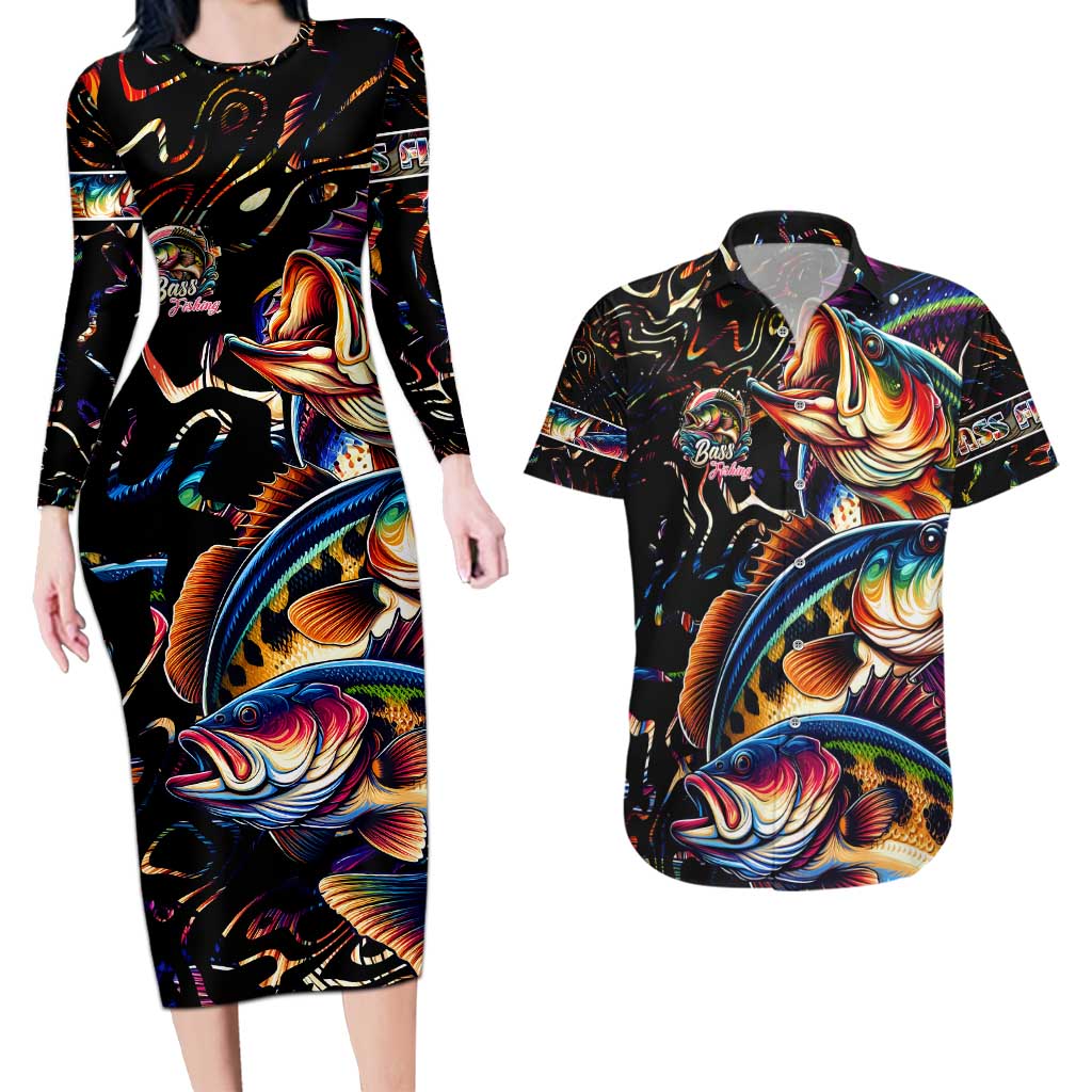 Peacock Bass Fishing Couples Matching Long Sleeve Bodycon Dress and Hawaiian Shirt Waves Art