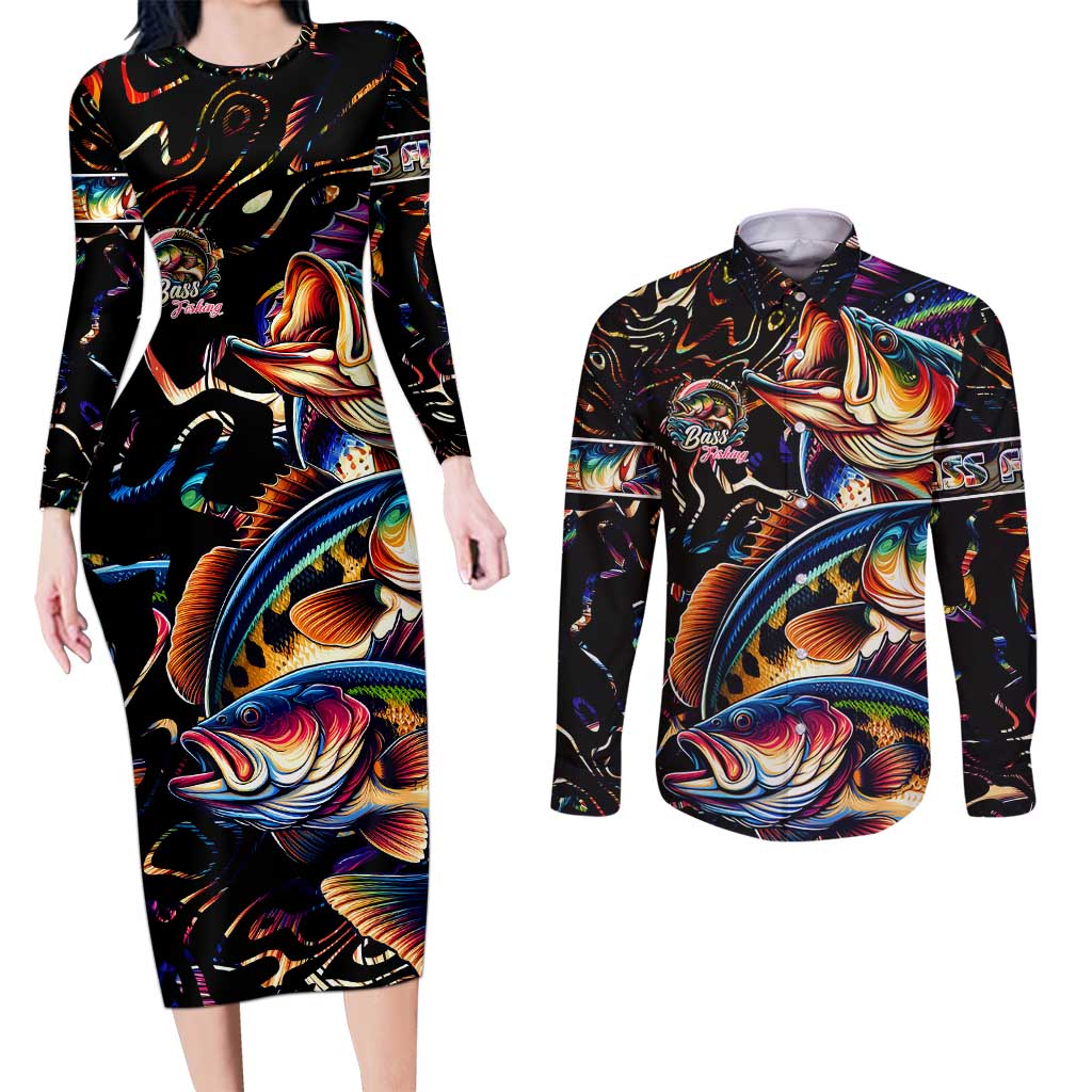 Peacock Bass Fishing Couples Matching Long Sleeve Bodycon Dress and Long Sleeve Button Shirt Waves Art