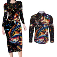 Peacock Bass Fishing Couples Matching Long Sleeve Bodycon Dress and Long Sleeve Button Shirt Waves Art