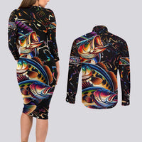 Peacock Bass Fishing Couples Matching Long Sleeve Bodycon Dress and Long Sleeve Button Shirt Waves Art