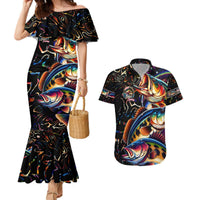 Peacock Bass Fishing Couples Matching Mermaid Dress and Hawaiian Shirt Waves Art