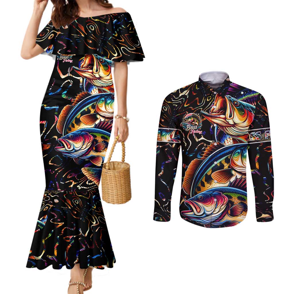 Peacock Bass Fishing Couples Matching Mermaid Dress and Long Sleeve Button Shirt Waves Art