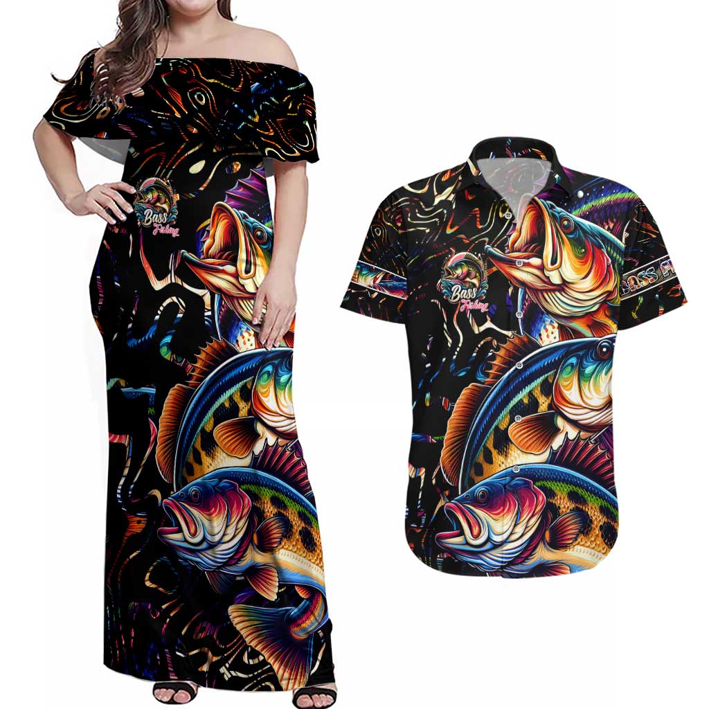 Peacock Bass Fishing Couples Matching Off Shoulder Maxi Dress and Hawaiian Shirt Waves Art