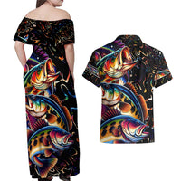 Peacock Bass Fishing Couples Matching Off Shoulder Maxi Dress and Hawaiian Shirt Waves Art
