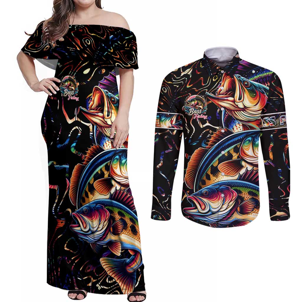 Peacock Bass Fishing Couples Matching Off Shoulder Maxi Dress and Long Sleeve Button Shirt Waves Art