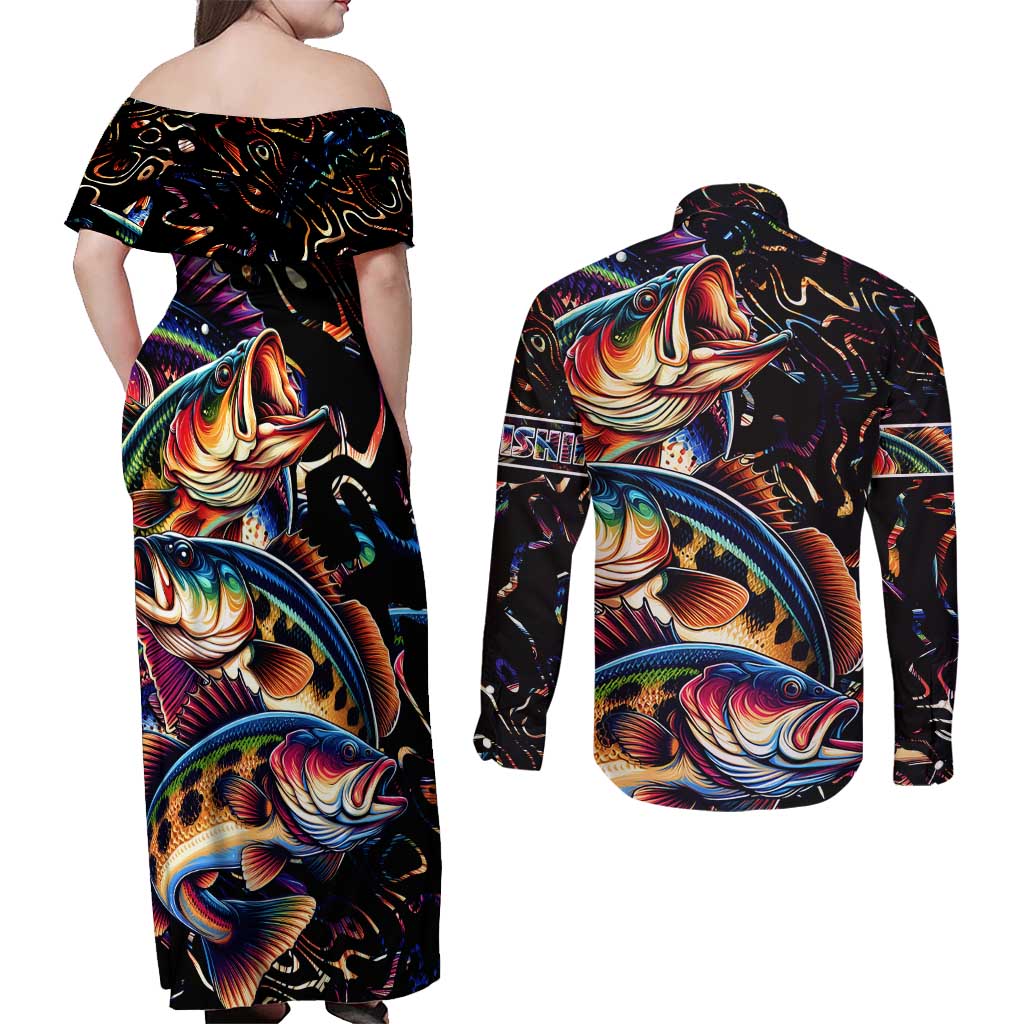 Peacock Bass Fishing Couples Matching Off Shoulder Maxi Dress and Long Sleeve Button Shirt Waves Art